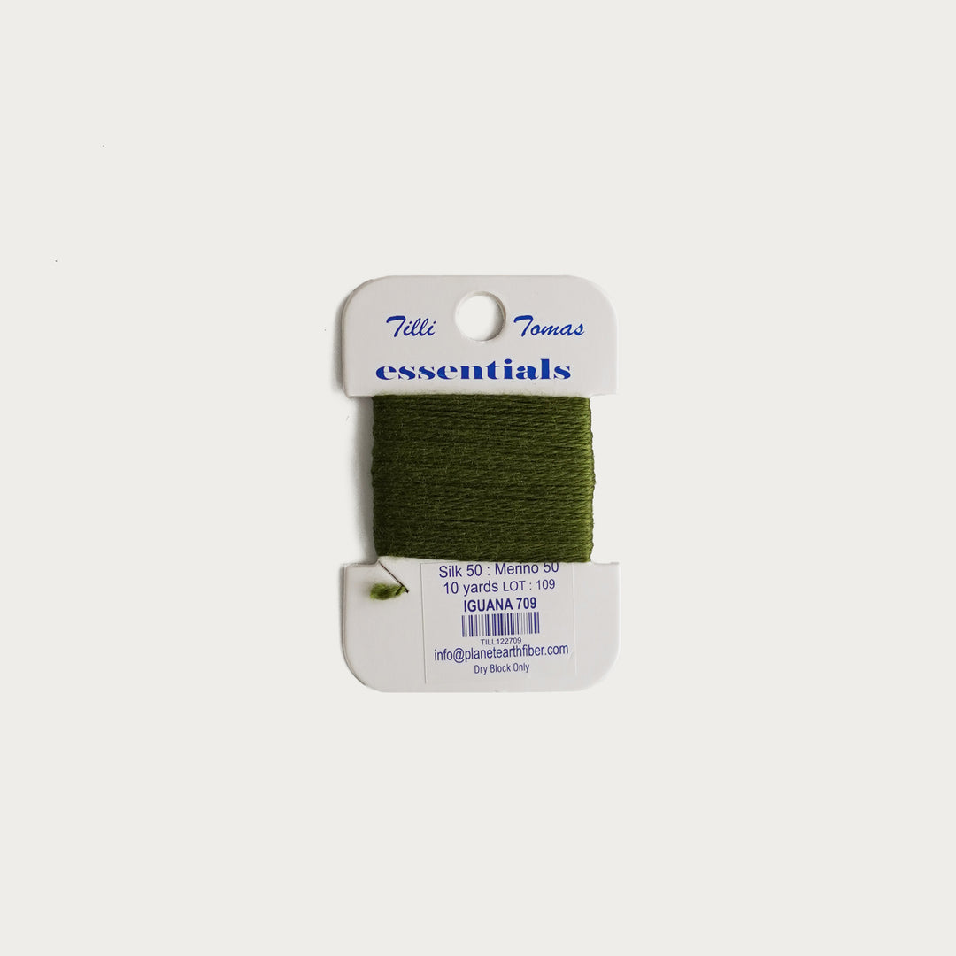 Tilli Tomas Essentials Thread Card in Iguana E-709 - 50% silk, 50% merino wool, perfect for 18 mesh needlepoint.