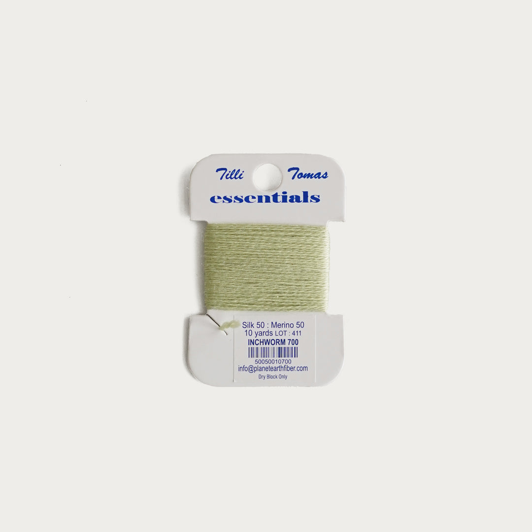 Tilli Tomas Essentials Thread Card in Inchworm E-700 - 50% silk, 50% merino wool, perfect for 18 mesh needlepoint.