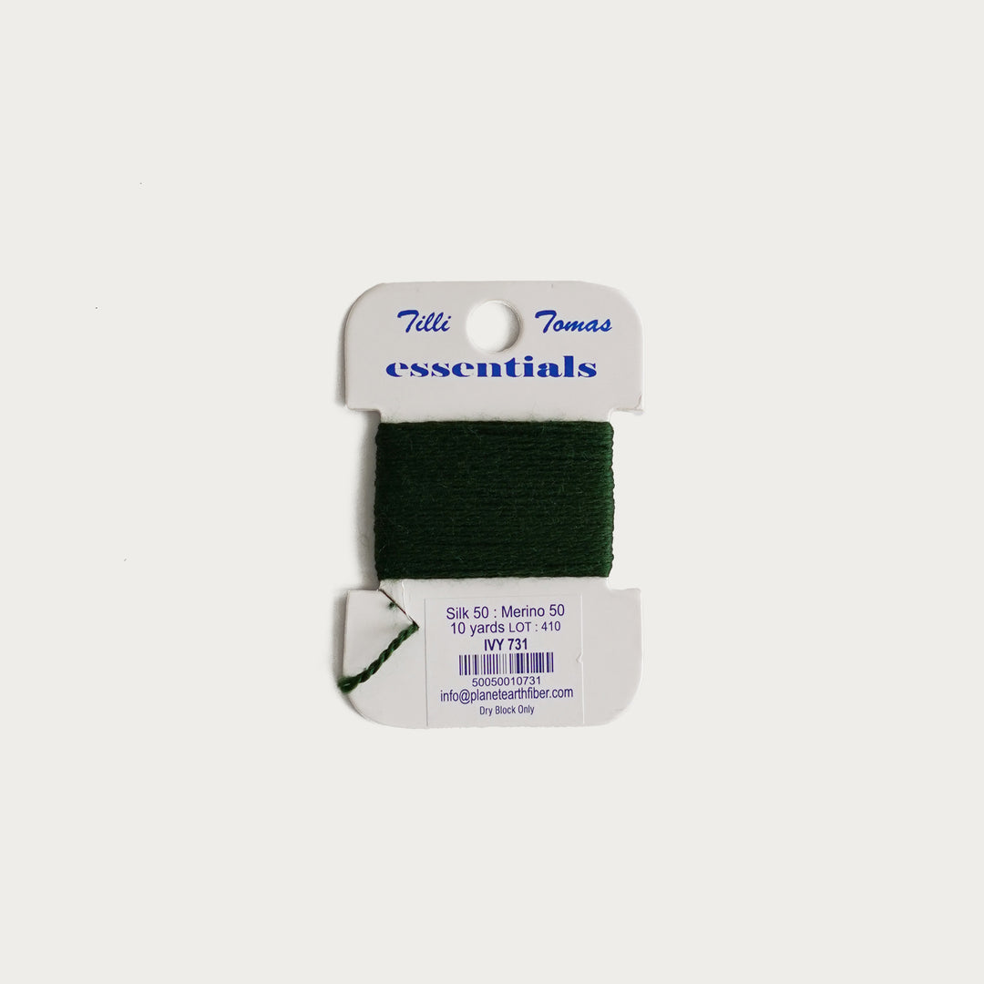 Tilli Tomas Essentials Thread Card in Ivy E-731 - 50% silk, 50% merino wool, perfect for 18 mesh needlepoint.