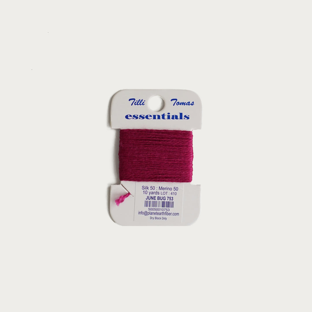 Tilli Tomas Essentials Thread Card in June Bug E-753 - 50% silk, 50% merino wool, perfect for 18 mesh needlepoint.