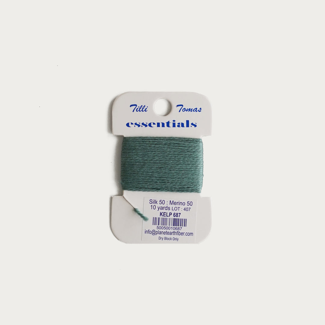 Tilli Tomas Essentials Thread Card in Kelp E-687 - 50% silk, 50% merino wool, perfect for 18 mesh needlepoint.