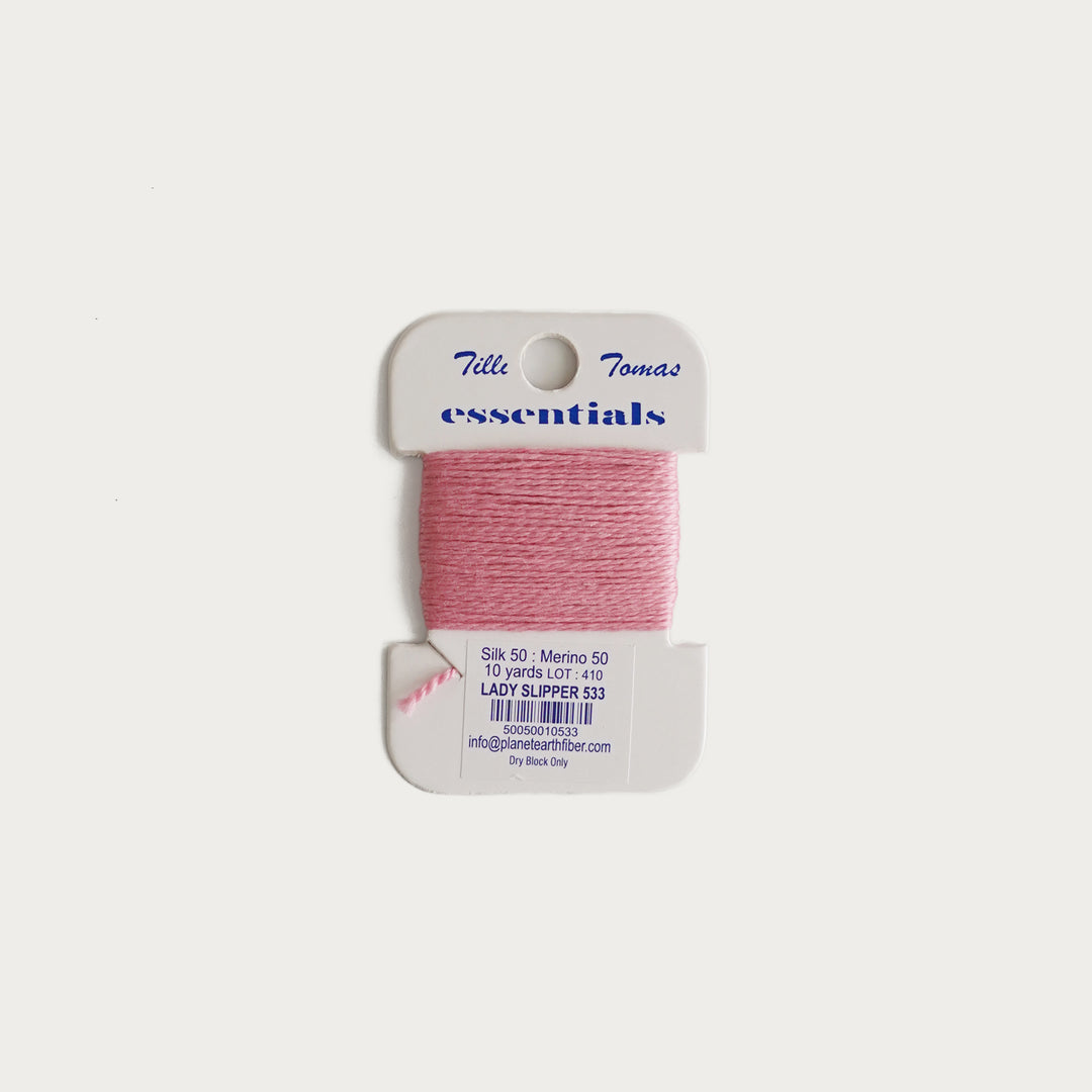 Tilli Tomas Essentials Thread Card in Lady Slipper E-533 - 50% silk, 50% merino wool, perfect for 18 mesh needlepoint.