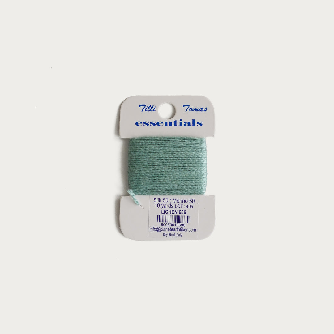 Tilli Tomas Essentials Thread Card in Lichen E-686 - 50% silk, 50% merino wool, perfect for 18 mesh needlepoint.