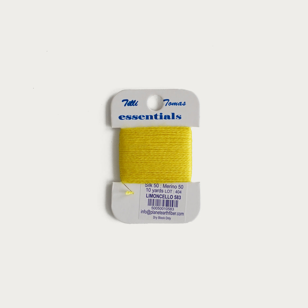 Tilli Tomas Essentials Thread Card in Limoncello E-583 - 50% silk, 50% merino wool, perfect for 18 mesh needlepoint.