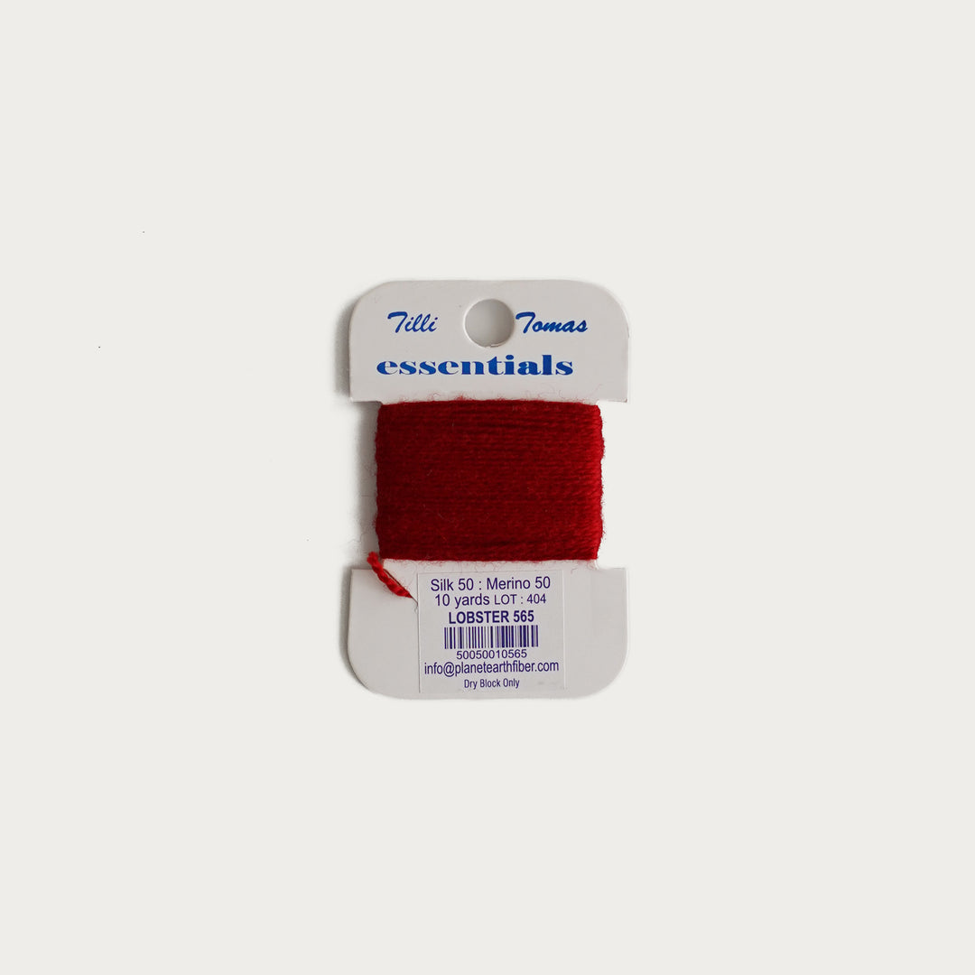 Tilli Tomas Essentials Thread Card in Lobster E-565 - 50% silk, 50% merino wool, perfect for 18 mesh needlepoint.