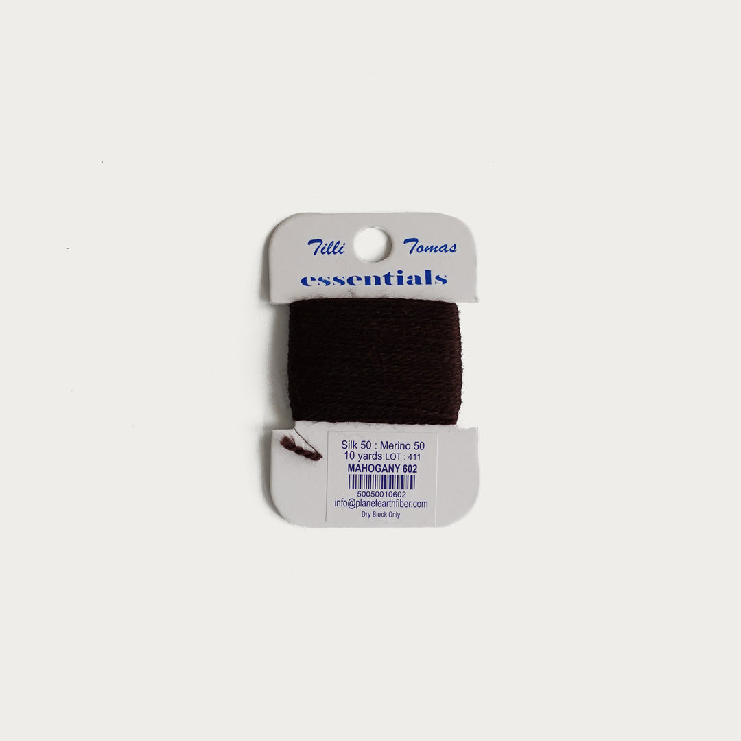 Tilli Tomas Essentials Thread Card in Mahogany E-602 - 50% silk, 50% merino wool, perfect for 18 mesh needlepoint.