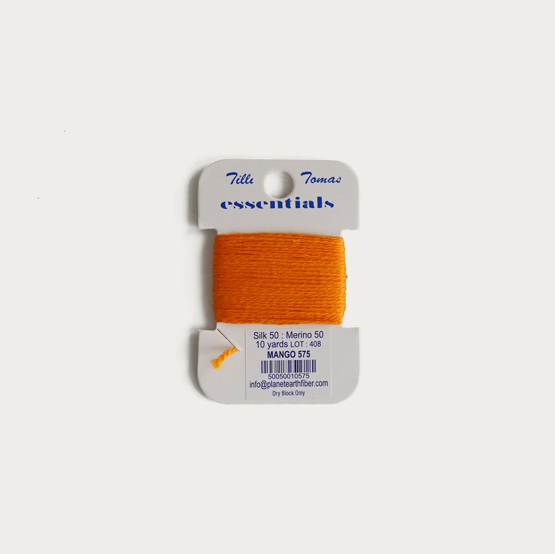 Tilli Tomas Essentials Thread Card in Mango E-575 - 50% silk, 50% merino wool, perfect for 18 mesh needlepoint.