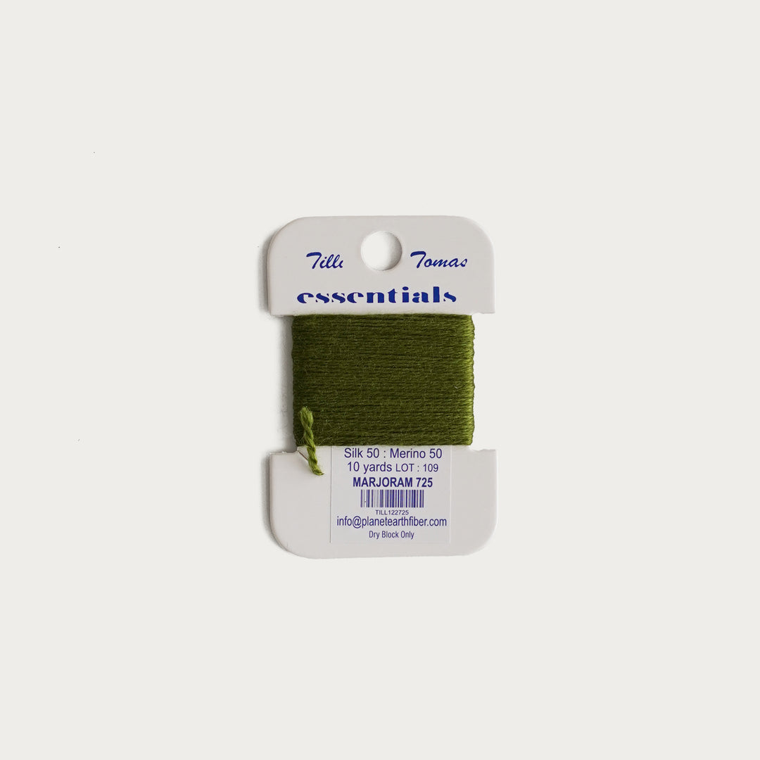 Tilli Tomas Essentials Thread Card in Marjoram E-725 - 50% silk, 50% merino wool, perfect for 18 mesh needlepoint.