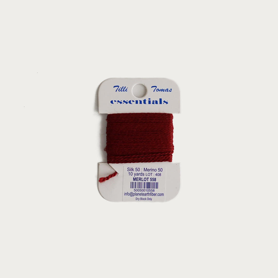 Tilli Tomas Essentials Thread Card in Merlot E-558 - 50% silk, 50% merino wool, perfect for 18 mesh needlepoint.