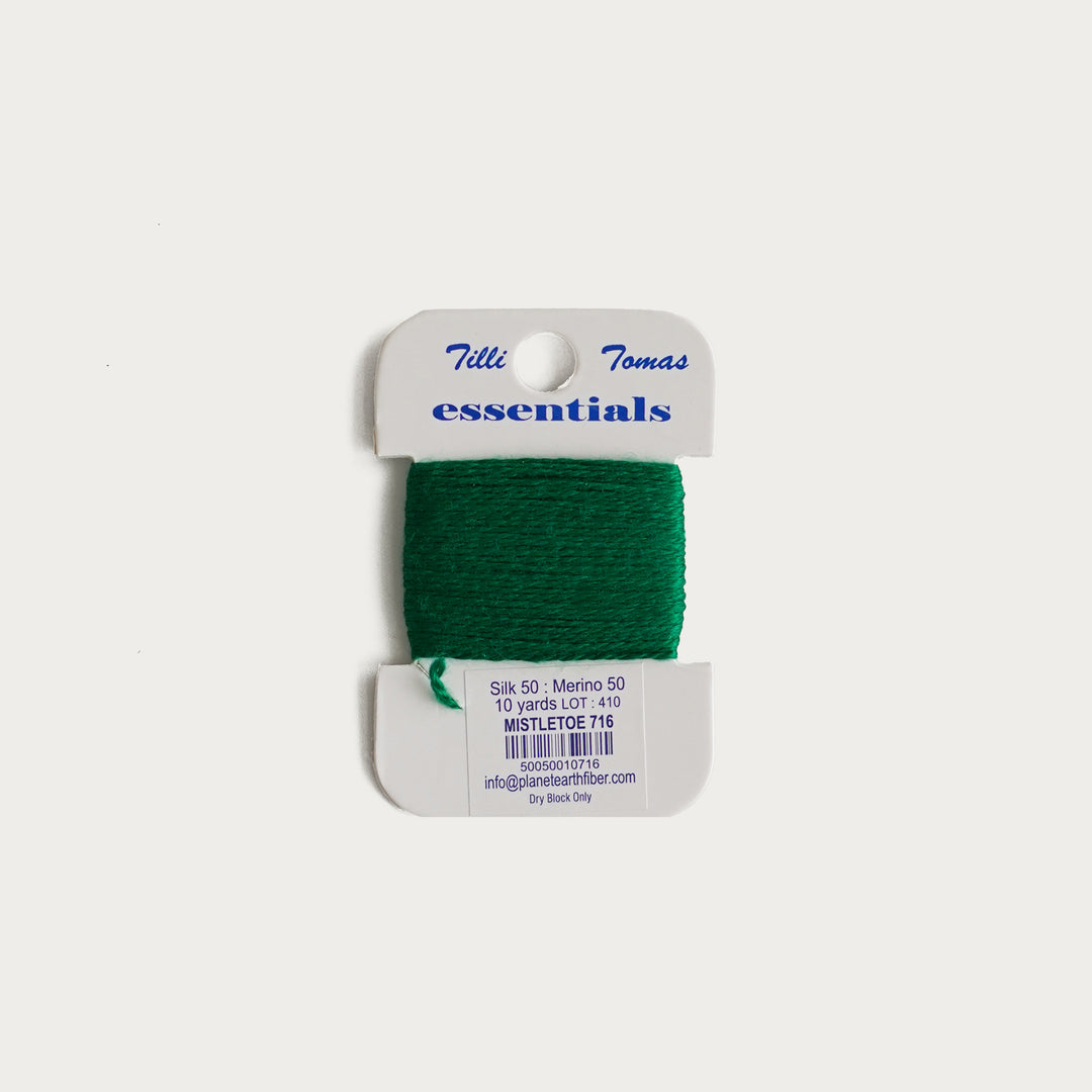 Tilli Tomas Essentials Thread Card in Mistletoe E-716 - 50% silk, 50% merino wool, perfect for 18 mesh needlepoint.