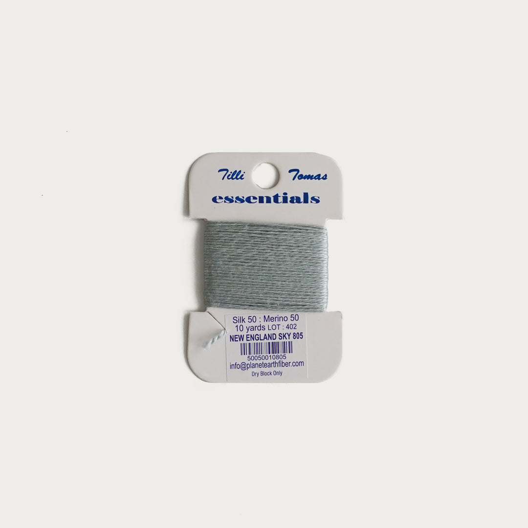 Tilli Tomas Essentials Thread Card in New England Sky E-805 - 50% silk, 50% merino wool, perfect for 18 mesh needlepoint.