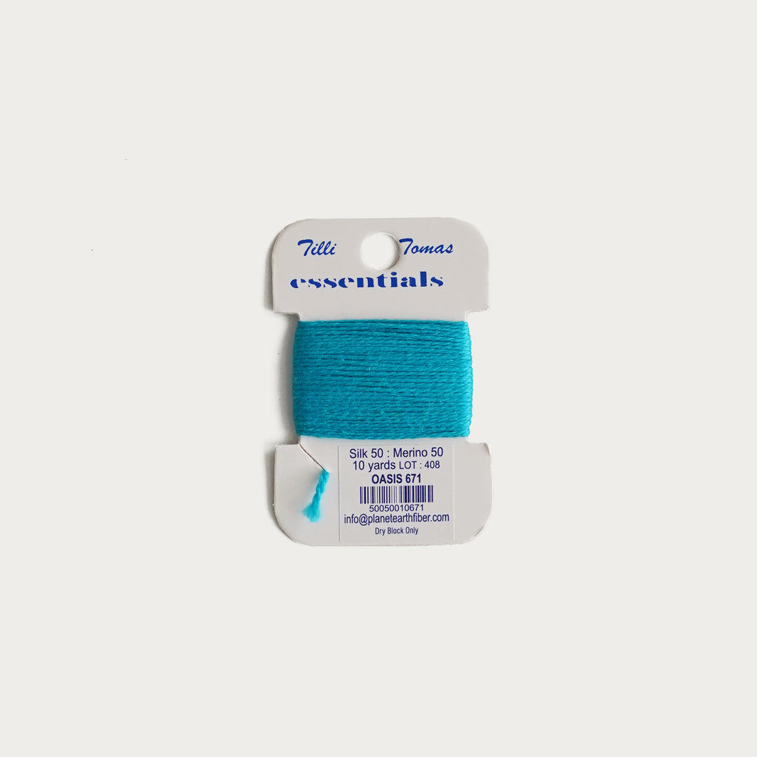 Tilli Tomas Essentials Thread Card in Oasis E-671 - 50% silk, 50% merino wool, perfect for 18 mesh needlepoint.