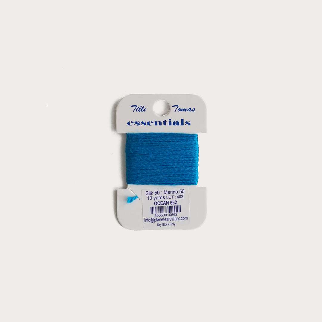 Tilli Tomas Essentials Thread Card in Ocean E-662 - 50% silk, 50% merino wool, perfect for 18 mesh needlepoint.