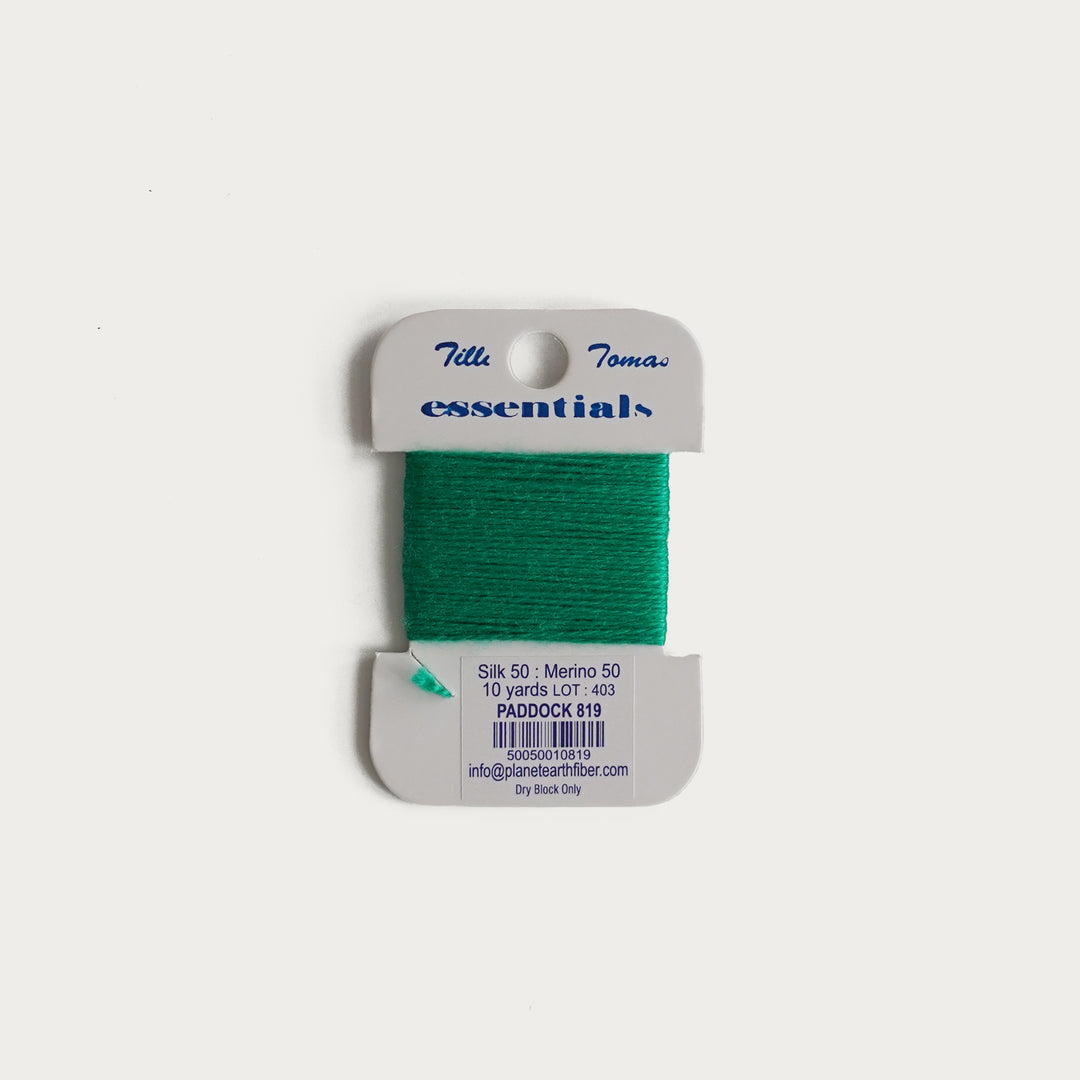 Tilli Tomas Essentials Thread Card in Paddock E-819 - 50% silk, 50% merino wool, perfect for 18 mesh needlepoint.