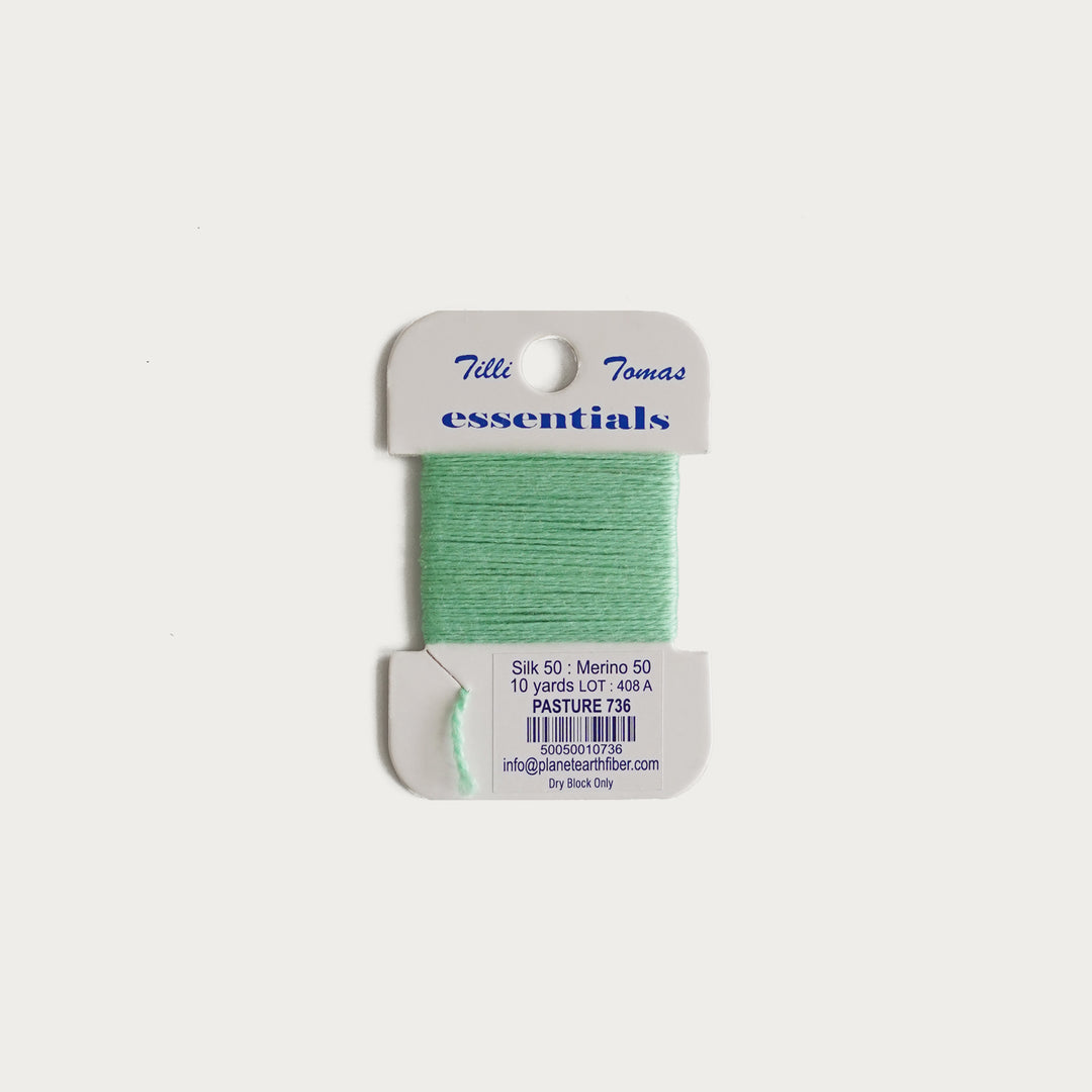 Tilli Tomas Essentials Thread Card in Pasture E-736 - 50% silk, 50% merino wool, perfect for 18 mesh needlepoint.