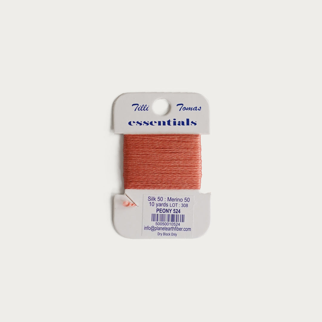 Tilli Tomas Essentials Thread Card E-524 Peony – 50% silk, 50% merino wool, 10 yards, ideal for 18 mesh needlepoint.