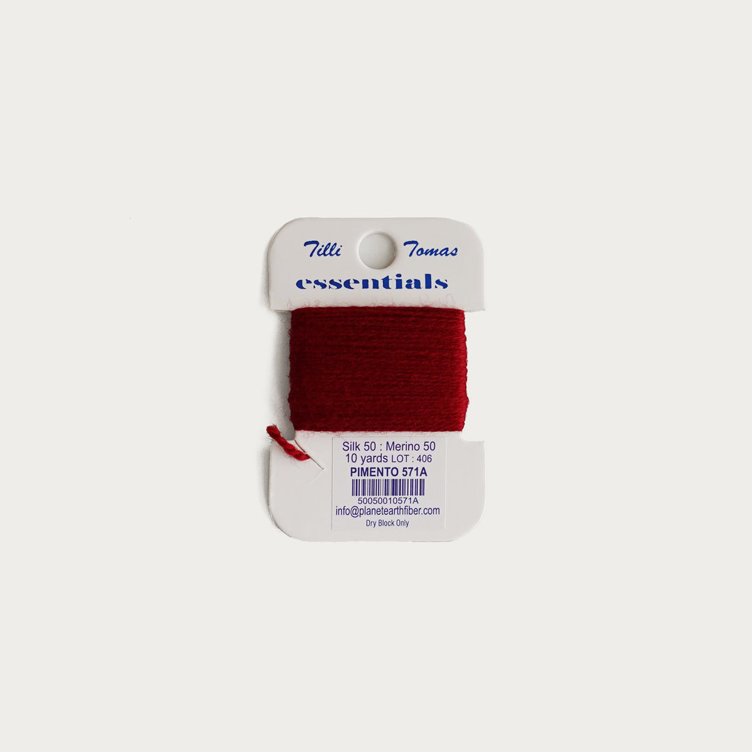 Tilli Tomas Essentials Thread Card in Pimento E-571A - 50% silk, 50% merino wool, perfect for 18 mesh needlepoint.