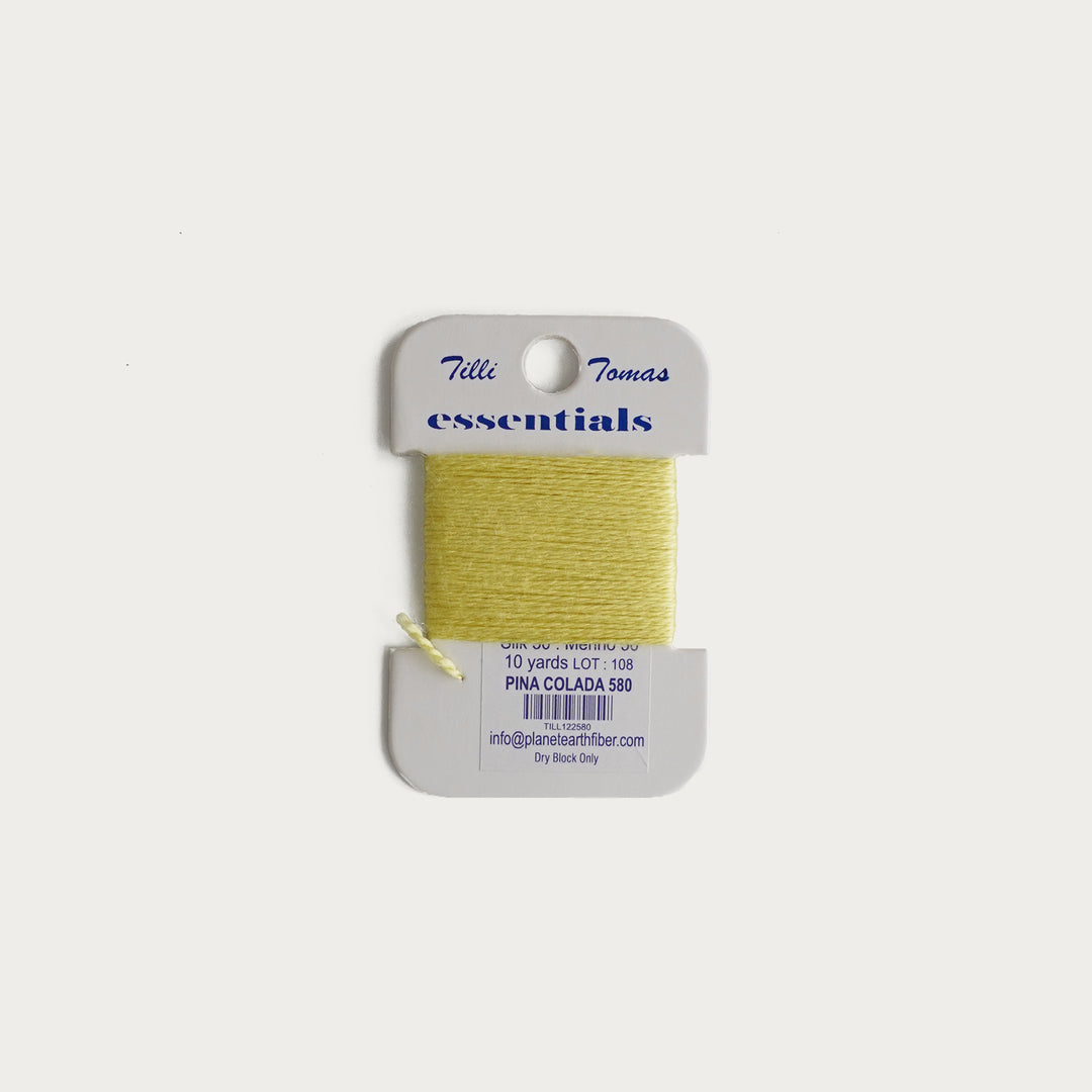 Tilli Tomas Essentials Thread Card in Pina Colada E-580 - 50% silk, 50% merino wool, perfect for 18 mesh needlepoint.