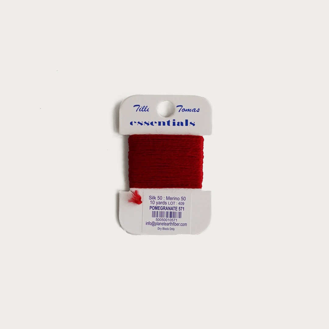 Tilli Tomas Essentials Thread Card in Pomegranate E-571 - 50% silk, 50% merino wool, perfect for 18 mesh needlepoint.