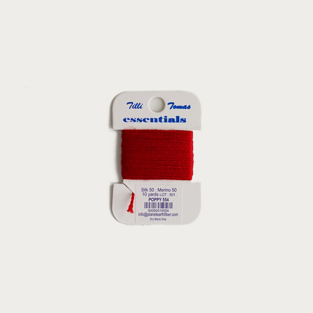 Tilli Tomas Essentials Thread Card in Poppy E-554 - 50% silk, 50% merino wool, perfect for 18 mesh needlepoint.