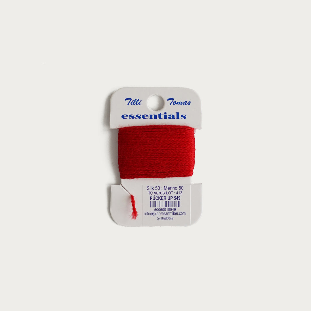 Tilli Tomas Essentials Thread Card in Pucker Up E-549 - 50% silk, 50% merino wool, perfect for 18 mesh needlepoint.