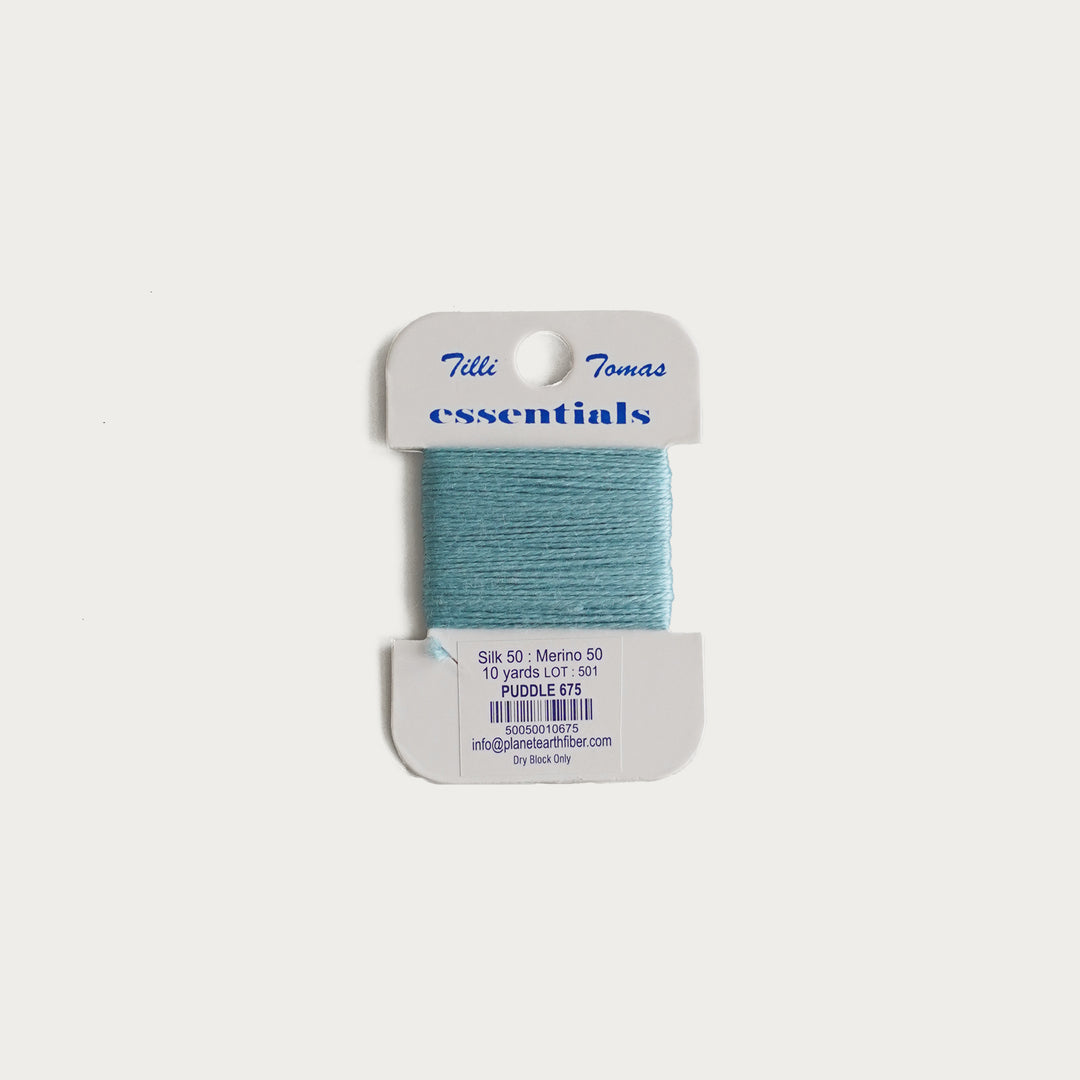 Tilli Tomas Essentials Thread Card in Puddle E-675 - 50% silk, 50% merino wool, perfect for 18 mesh needlepoint.