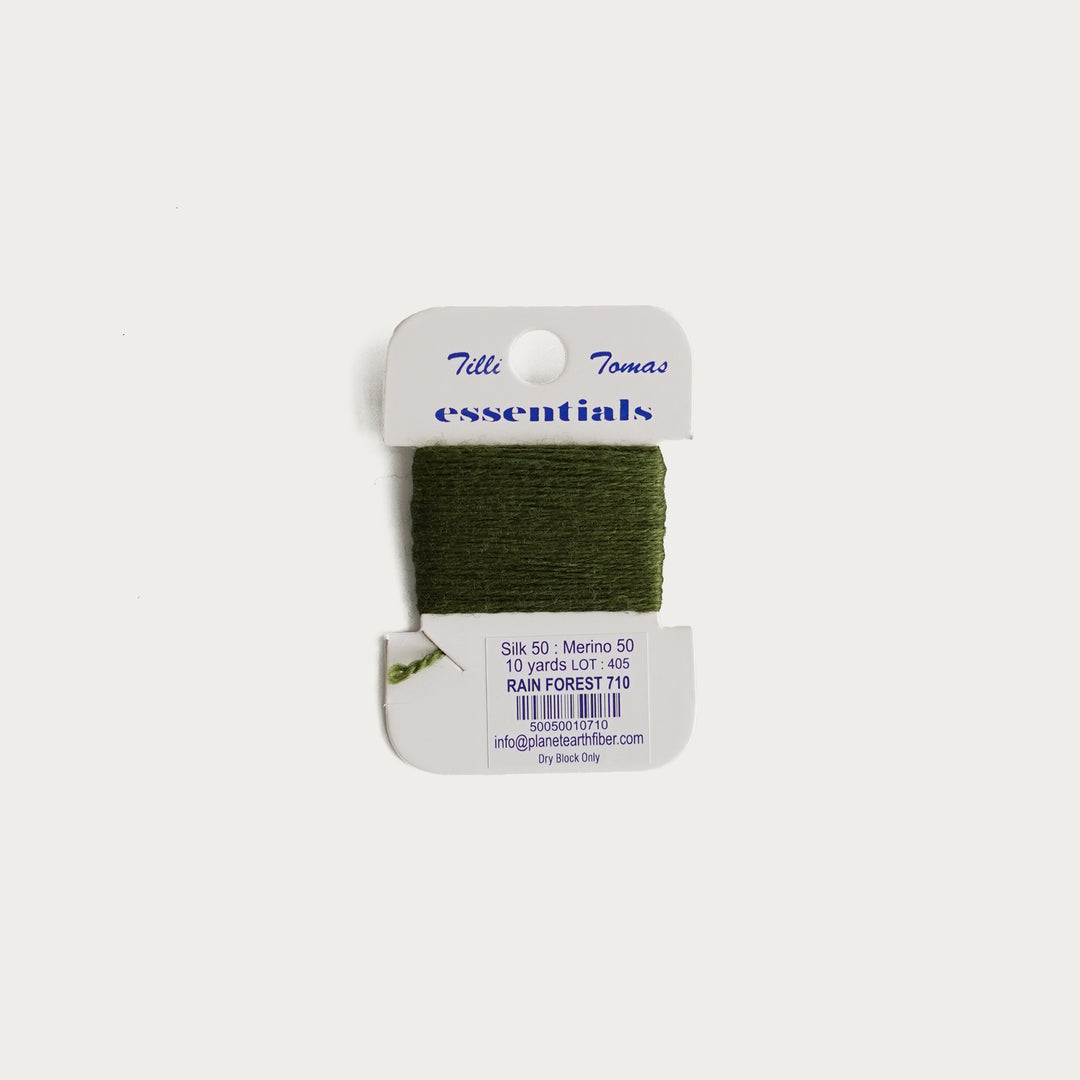 Tilli Tomas Essentials Thread Card in Forest E-710 - 50% silk, 50% merino wool, perfect for 18 mesh needlepoint.