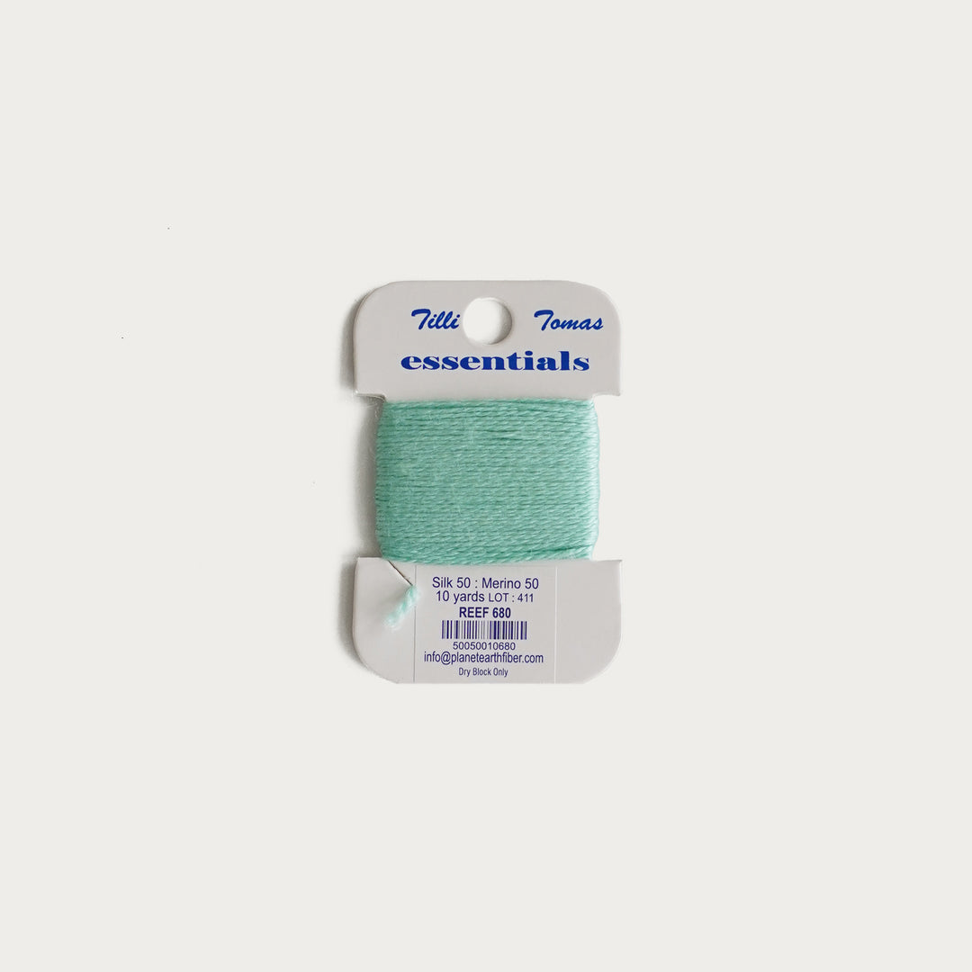 Tilli Tomas Essentials Thread Card in Reef E-680 - 50% silk, 50% merino wool, perfect for 18 mesh needlepoint.