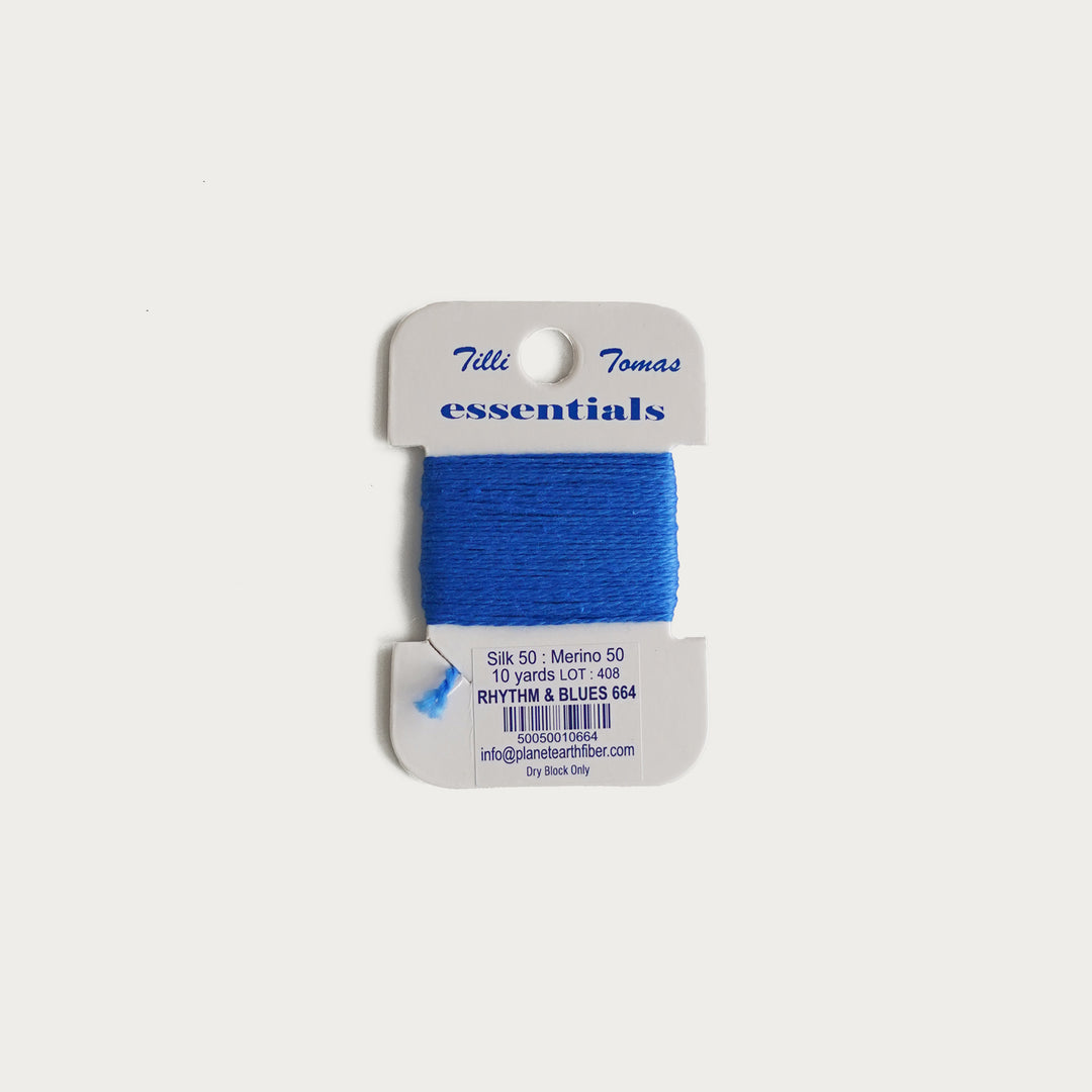 Tilli Tomas Essentials Thread Card in Rhythm and Blues E-664 - 50% silk, 50% merino wool, perfect for 18 mesh needlepoint.