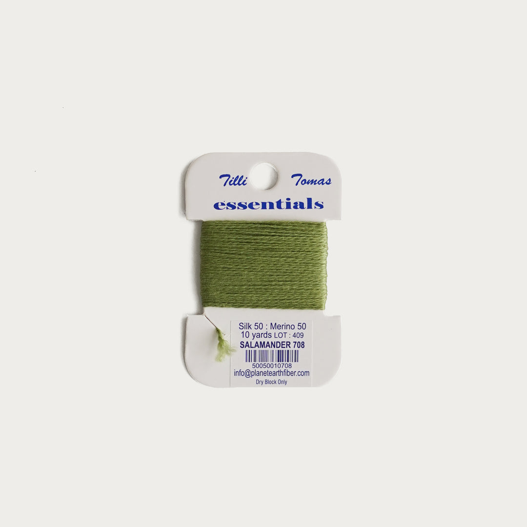 Tilli Tomas Essentials Thread Card in Salamander E-708 - 50% silk, 50% merino wool, perfect for 18 mesh needlepoint.