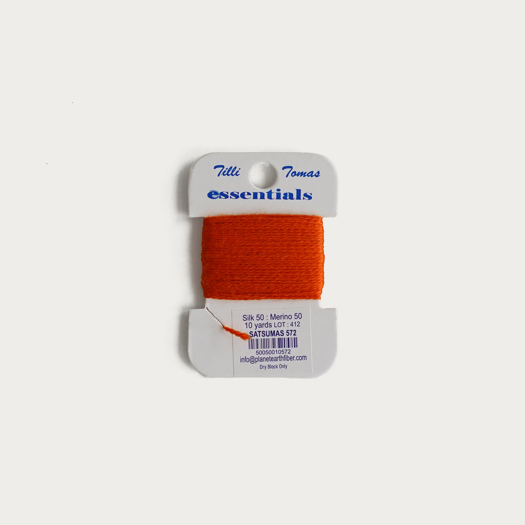 Tilli Tomas Essentials Thread Card in Satsumas E-572 - 50% silk, 50% merino wool, perfect for 18 mesh needlepoint.