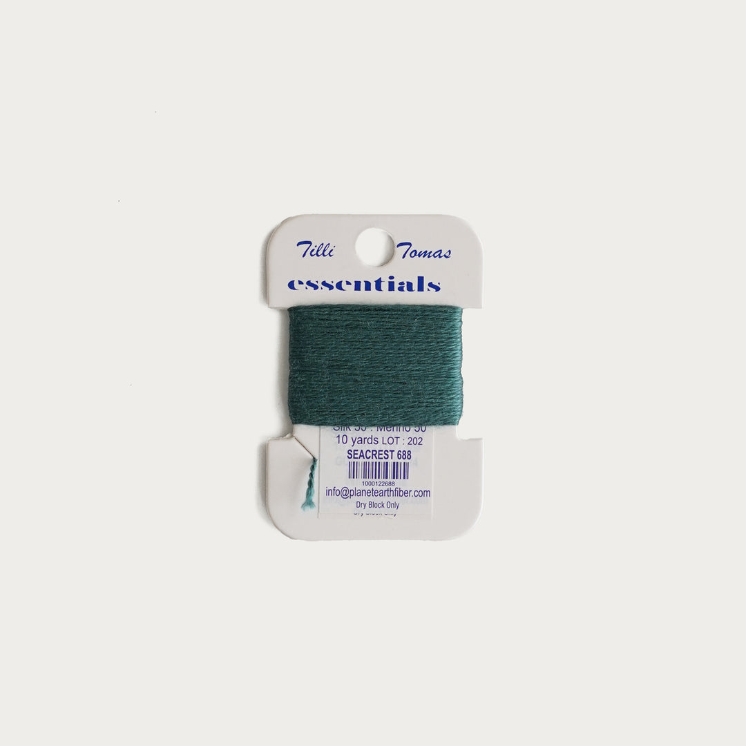 Tilli Tomas Essentials Thread Card in Seacrest E-688 - 50% silk, 50% merino wool, perfect for 18 mesh needlepoint.