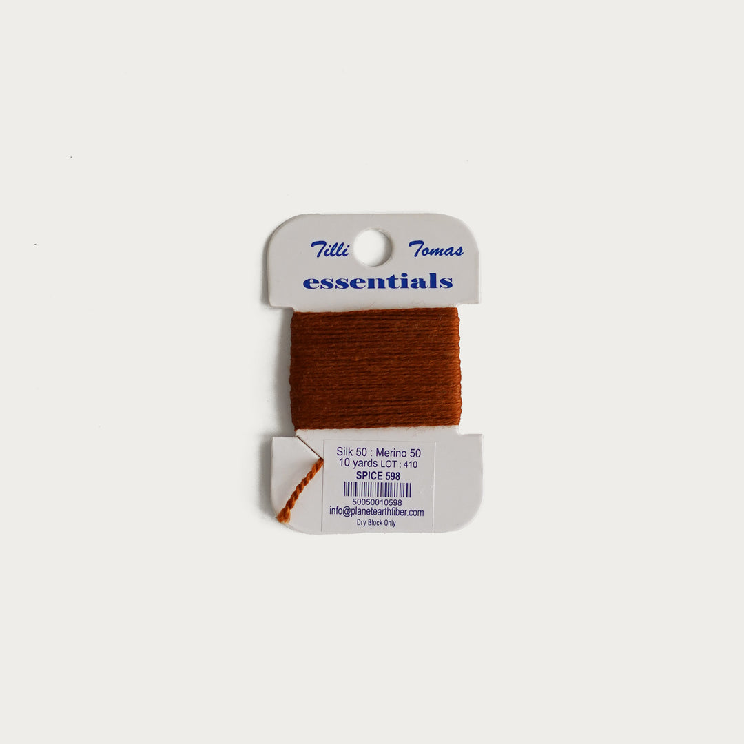 Tilli Tomas Essentials Thread Card in Spice E-598 - 50% silk, 50% merino wool, perfect for 18 mesh needlepoint.