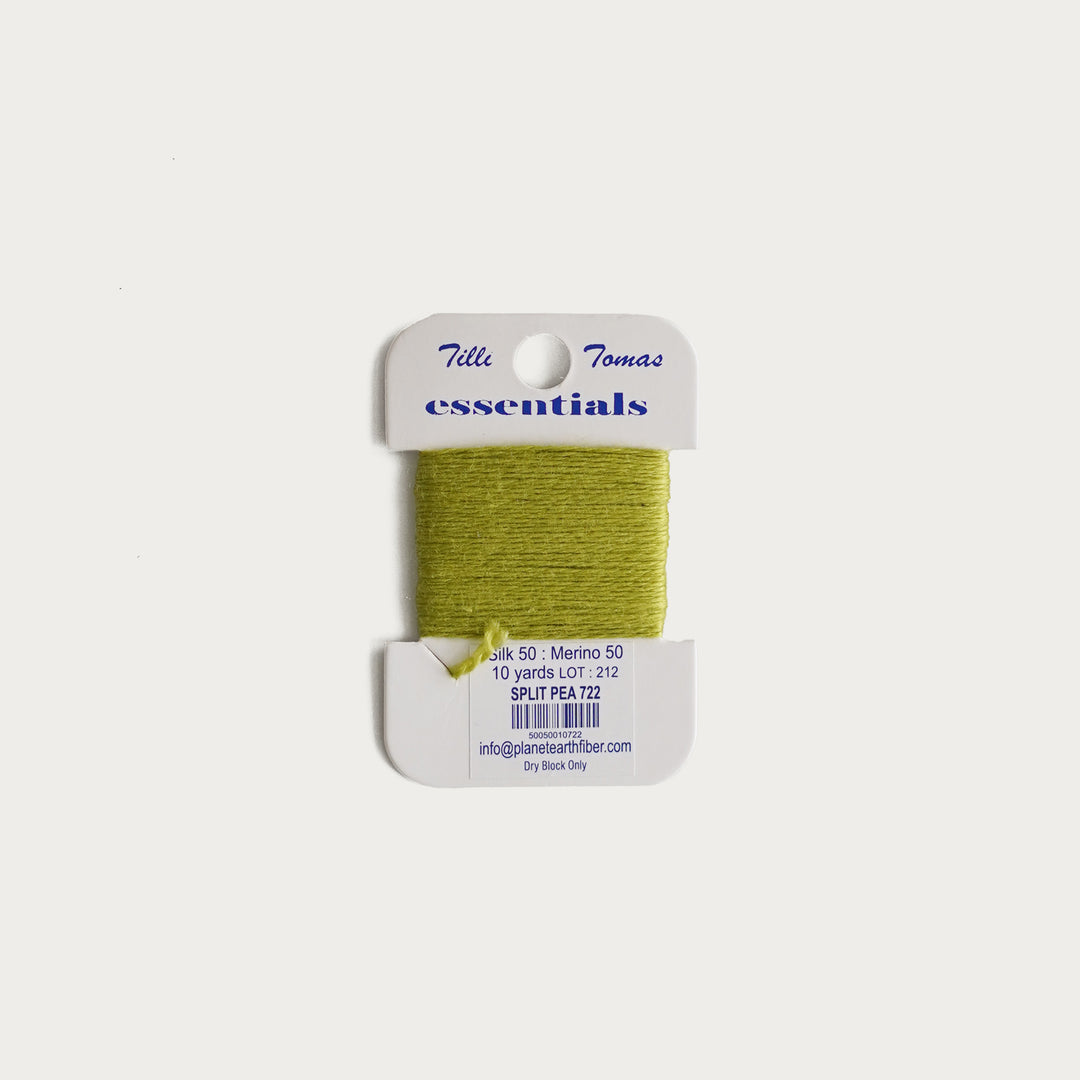 Tilli Tomas Essentials Thread Card in Split Pea E-722 - 50% silk, 50% merino wool, perfect for 18 mesh needlepoint.