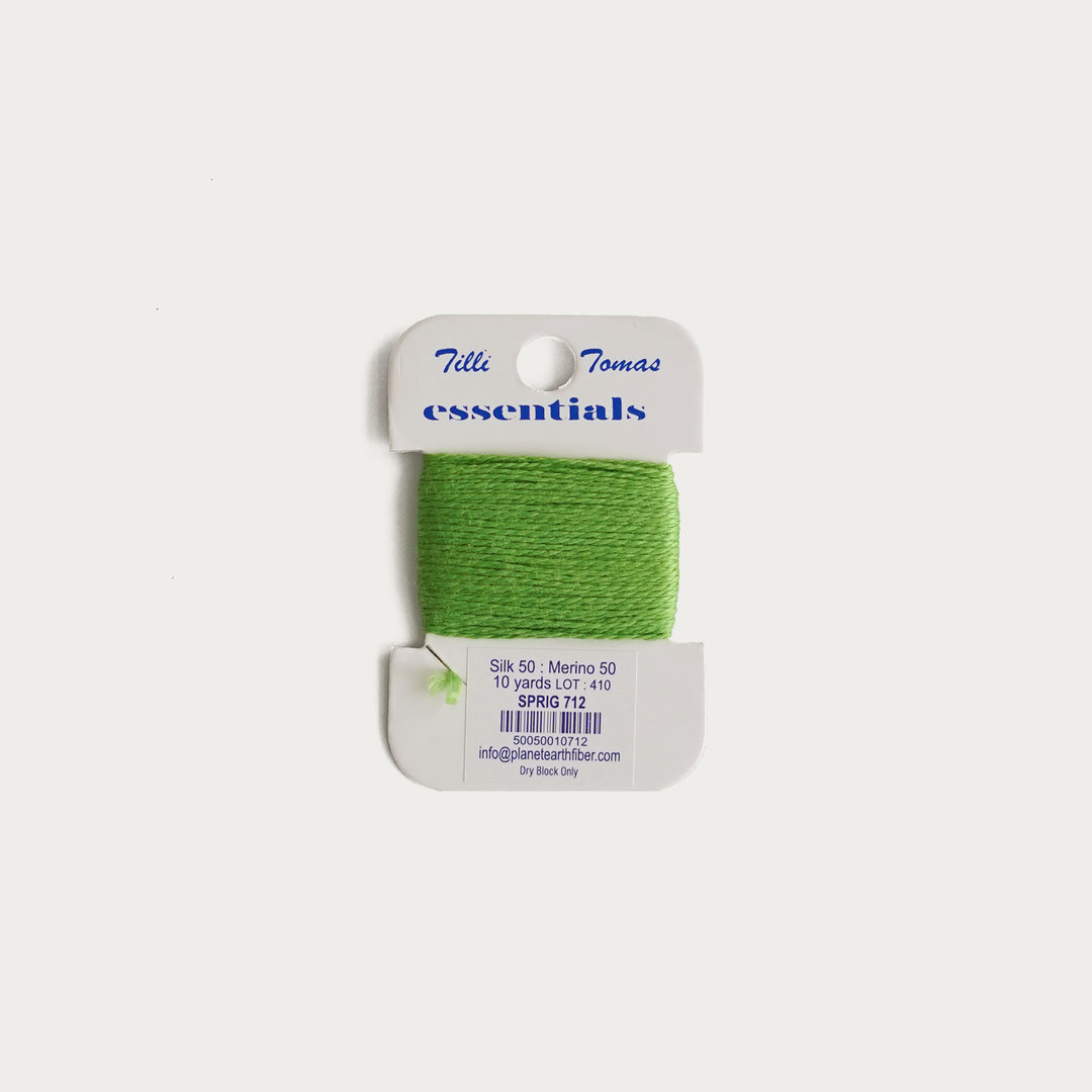 Tilli Tomas Essentials Thread Card in Sprig E-712 - 50% silk, 50% merino wool, perfect for 18 mesh needlepoint.