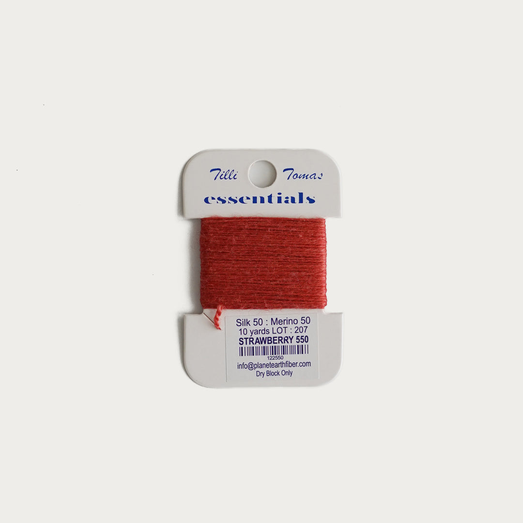 Tilli Tomas Essentials Thread Card in Strawberry E-550 - 50% silk, 50% merino wool, perfect for 18 mesh needlepoint.