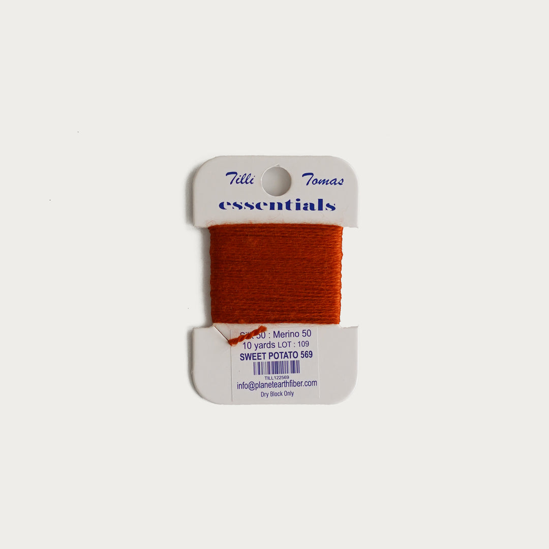 Tilli Tomas Essentials Thread Card in Sweet Potato E-569 - 50% silk, 50% merino wool, perfect for 18 mesh needlepoint.