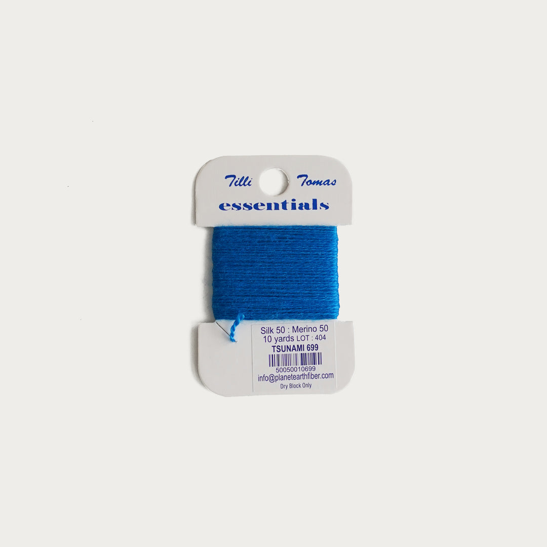 Tilli Tomas Essentials Thread Card in Tsunami E-699 - 50% silk, 50% merino wool, perfect for 18 mesh needlepoint.