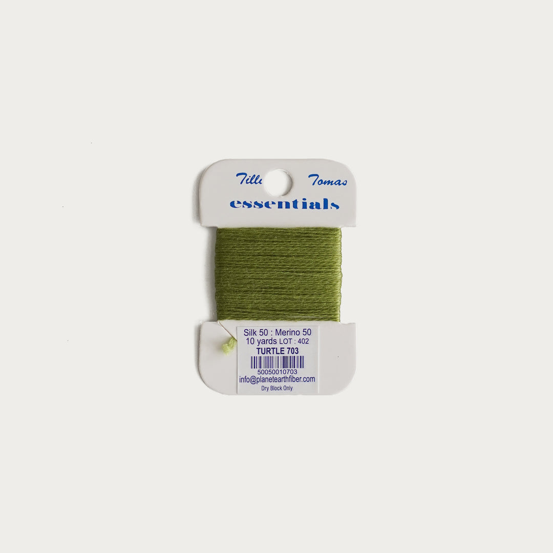 Tilli Tomas Essentials Thread Card in Turtle E-703 - 50% silk, 50% merino wool, perfect for 18 mesh needlepoint.