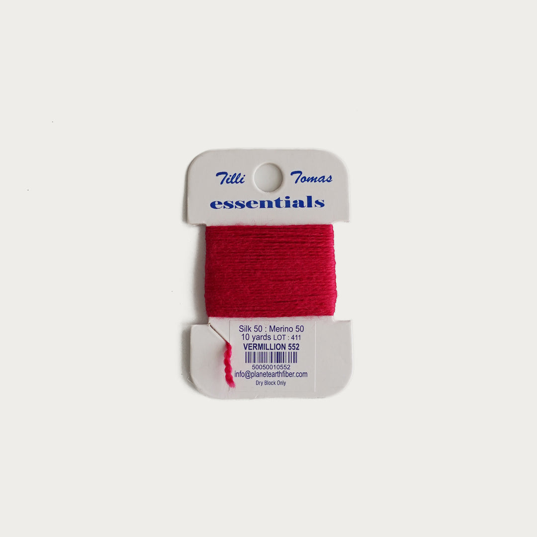 Tilli Tomas Essentials Thread Card in Vermillion E-552 - 50% silk, 50% merino wool, perfect for 18 mesh needlepoint.