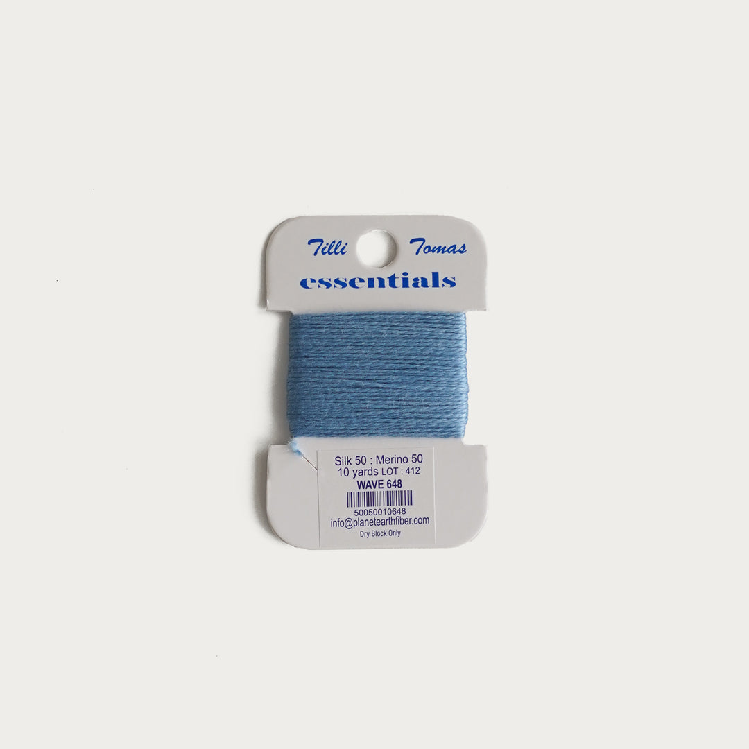 Tilli Tomas Essentials Thread Card in 
Wave E-648 - 50% silk, 50% merino wool, perfect for 18 mesh needlepoint.