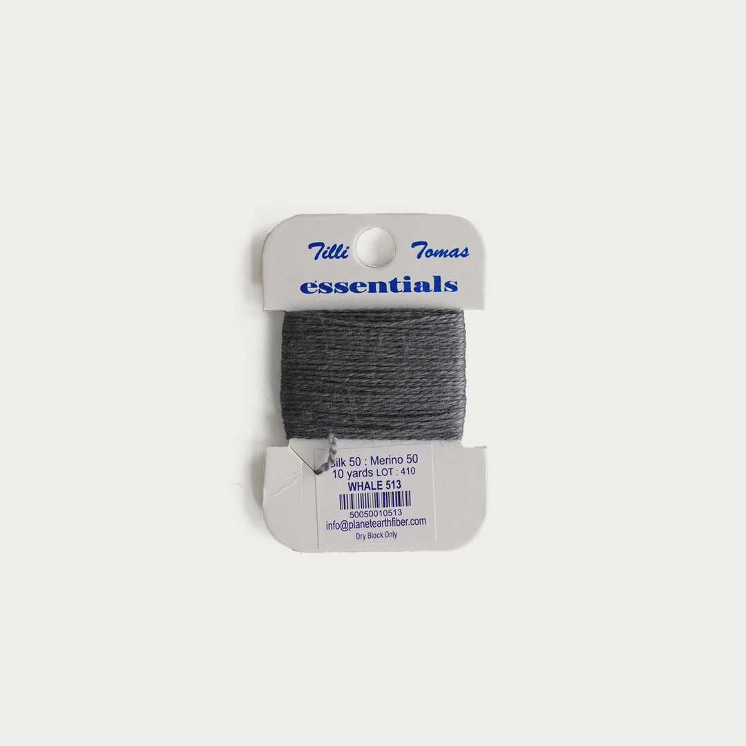 Tilli Tomas Essentials Thread Card in Whale E-513 - 50% silk, 50% merino wool, perfect for 18 mesh needlepoint.