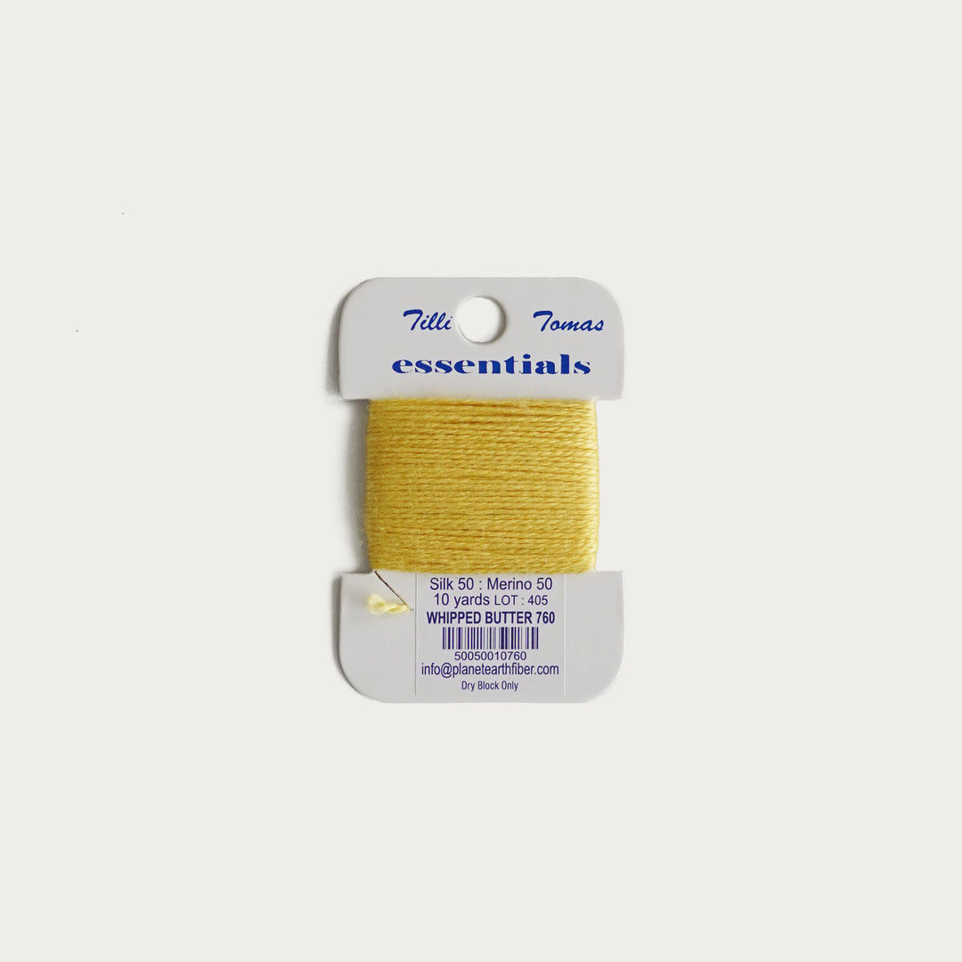 Tilli Tomas Essentials Thread Card in Whipped Butter E-760 - 50% silk, 50% merino wool, perfect for 18 mesh needlepoint.