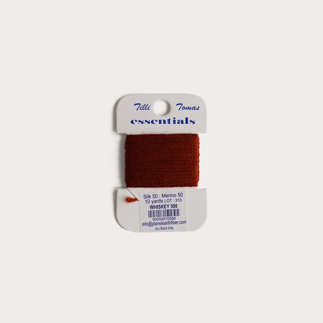 Tilli Tomas Essentials Thread Card in Whiskey E-590 - 50% silk, 50% merino wool, perfect for 18 mesh needlepoint.