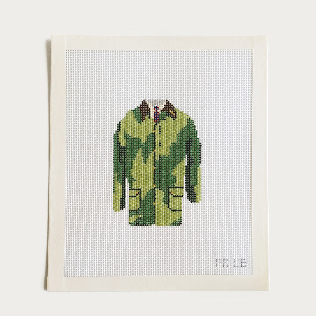 Hand-painted hunting coat needlepoint canvas, 3.5" x 3.75" on 18 mesh by Pip & Roo.