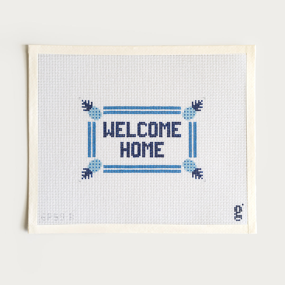 Welcome Home needlepoint canvas, 4” x 6” on 13 mesh, stitch-painted design.