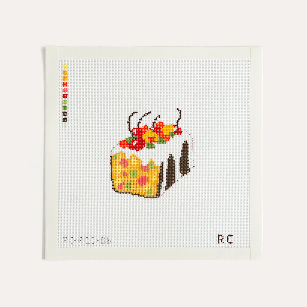 A Fruit Cake?! needlepoint canvas by RenniCo, 3.25 x 3.25 inch vintage holiday design on 18 mesh