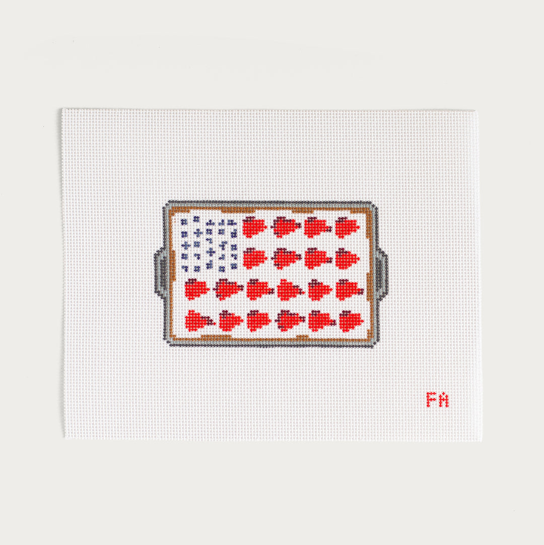 Hand-painted American Flag Cake needlepoint canvas with a patriotic design.