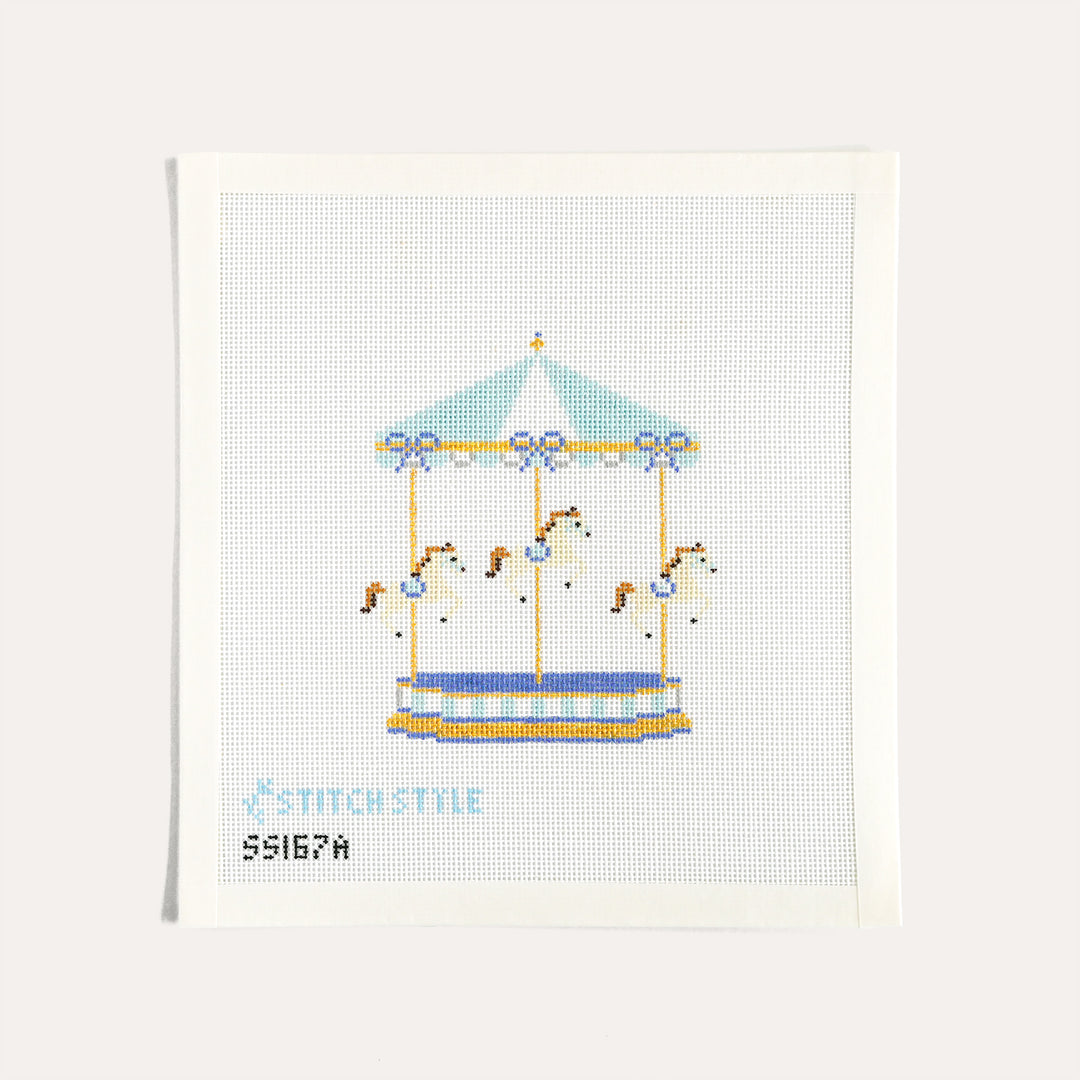 Baby Blue Carousel Horses hand painted needlepoint canvas by Stitch Style on 18 mesh