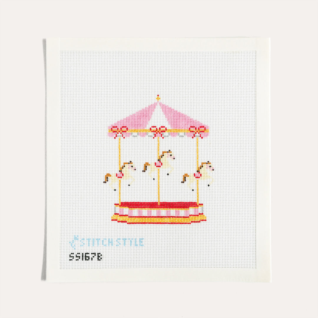 Baby Pink Carousel Horses needlepoint canvas by Stitch Style on 18 mesh nursery design